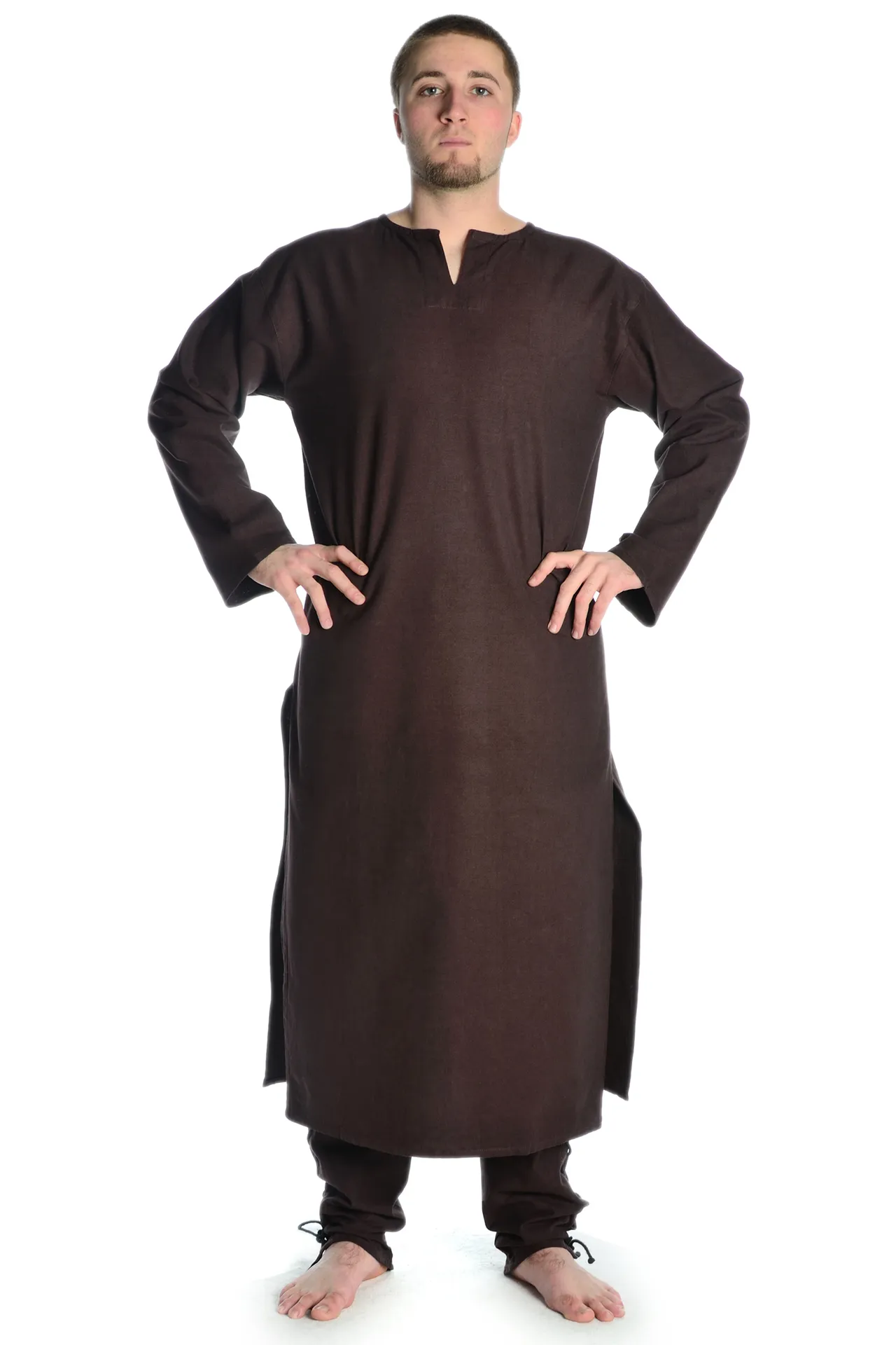 Mittelalter Tunika Schlitzkragen lang in natur-beige, schwarz und braun